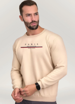 Moletom Sem Capuz Estampa Paris Blusa de Frio Flanelado Com Punho Masculino Feminina Gola Redonda
