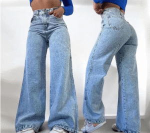 Calça Jeans Feminina Wide Leg Marmorizada Cintura Alta Sem Lycra