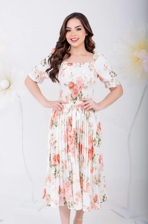 Vestido Feminino Midi plissado Manga Curta Bufante, cintura alta, Crepe estampado