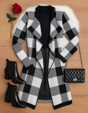 Cardigan Xadrez Casaco Kimono Sobretudo Tricô Moda Inverno Feminino