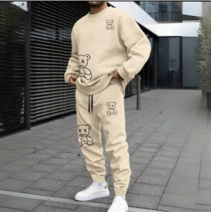 Conjunto Moletom Gola Redonda Calça Moletom Urso Streetwear Casual Inverno Confortável Unissex